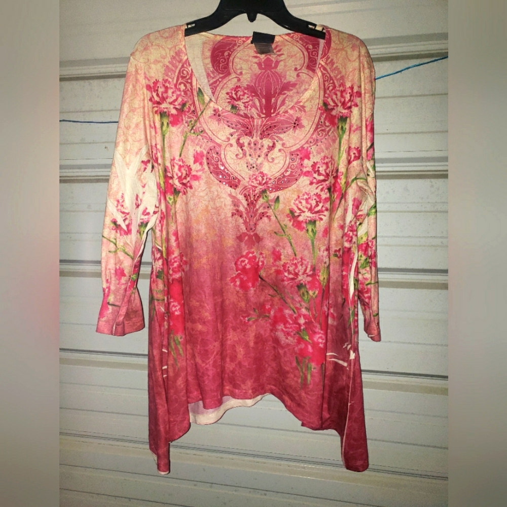 3X Plus Size Pretty Pink blouse top shirt bling women's tunic floral